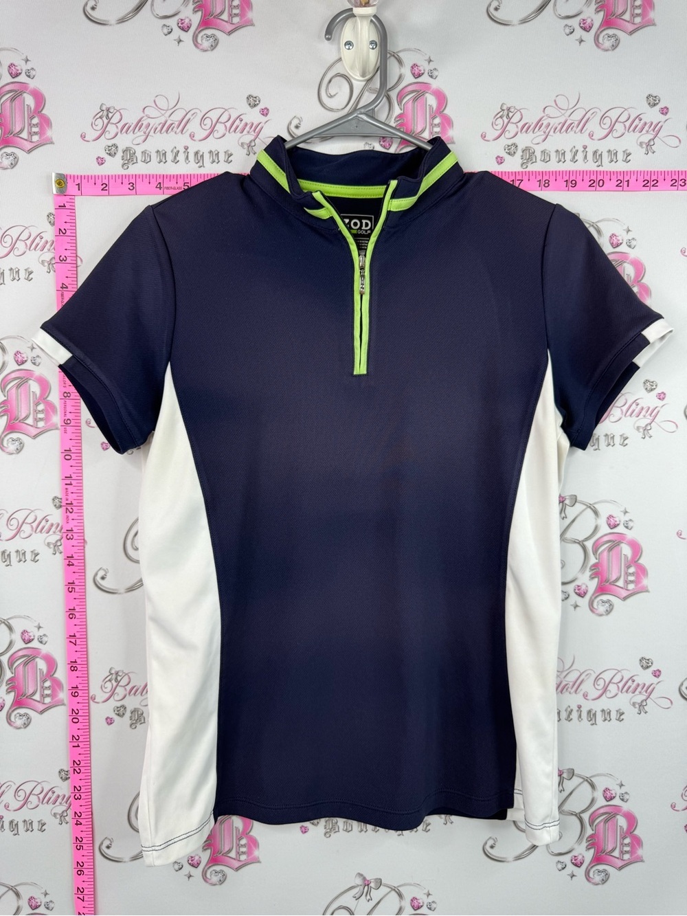 izod golf tee tshirt Navy and White Short Sleeve Golf Polo with Lime Trim